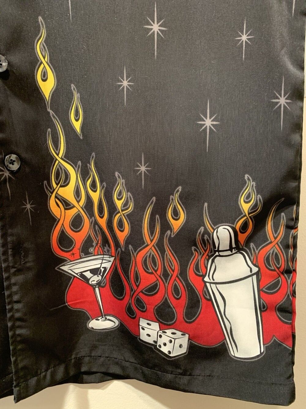 Vegas Party Shirt Black Flames Dice Martini Y2K  Cocktail Shaker VTG MT:2  M